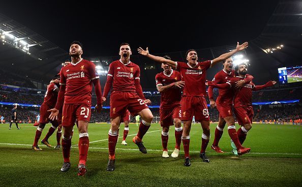 Liverpool players celebrate a goal during their 2-1 away victory over Manchester City