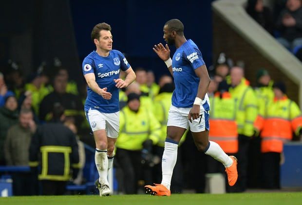 Yannick Bolasie and Leighton Baines celebrate the former's goal against Manchester City