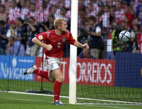 BT Sport. Football. UEFA European Championships. Euro 2004. Estadio Da Luz, Lisbon. 21st June 2004. Croatia 2 v England 4. Paul Scholes celebrates after scoring England's opening goal.
