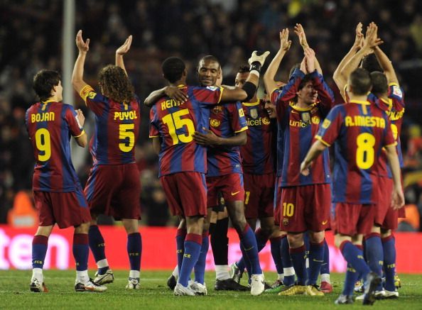 Barcelona's players celebrate their vict
