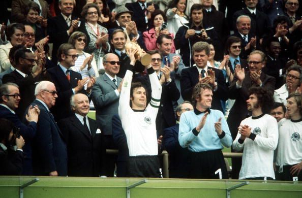 1974 World Cup Final. Munich, West Germany. 7th July, 1974. West Germany 2 v Holland 1. West German captain Franz Beckenbauer holds aloft the trophy as his team become World Champions for the second time in history.