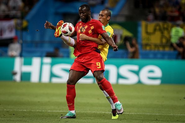 Romelu Menama Lukaku and João Miranda during the match...