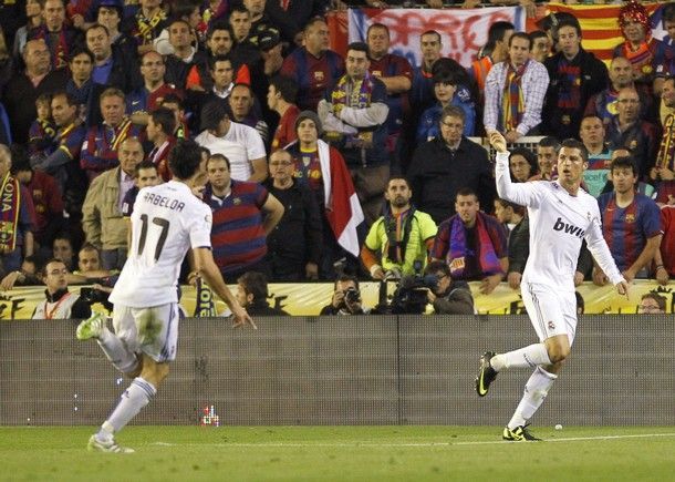 Cristiano celebrates with Arbeloa after scoring