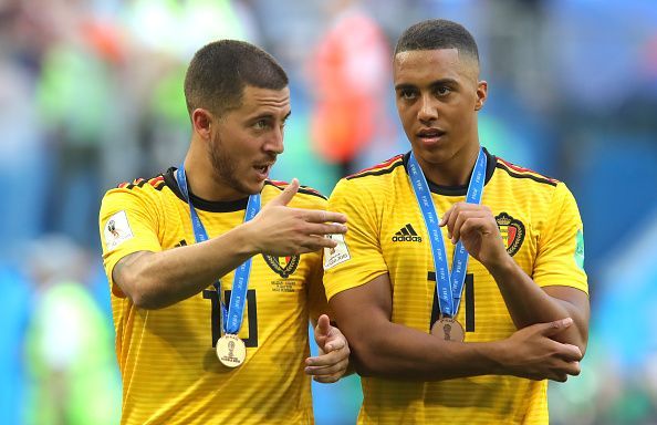 Chelsea's Eden Hazard speaking with Tielemans at the World Cup in Russia, where Belgium finished third