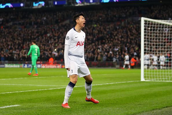 Son celebrates his first Champions League goal of the 2018/19 campaign, to break the deadlock