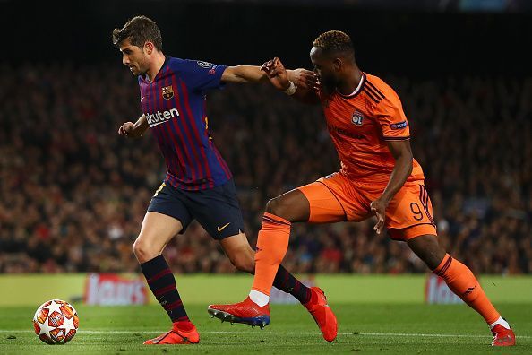 Dembele found himself effectively shackled against the likes of his compatriot Lenglet and Roberto (left)