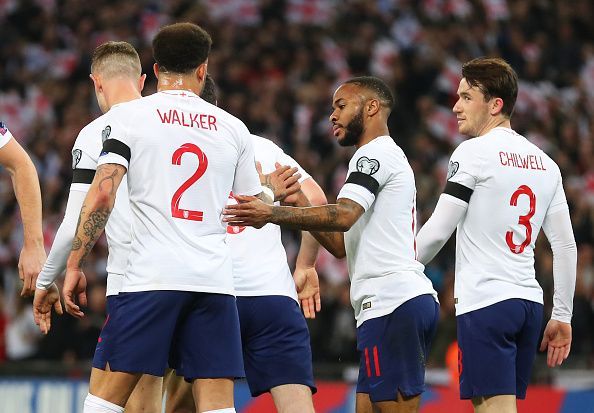 Sterling and co celebrate one of England's five goals vs. Czech Republic in their EURO 2020 Qualifier