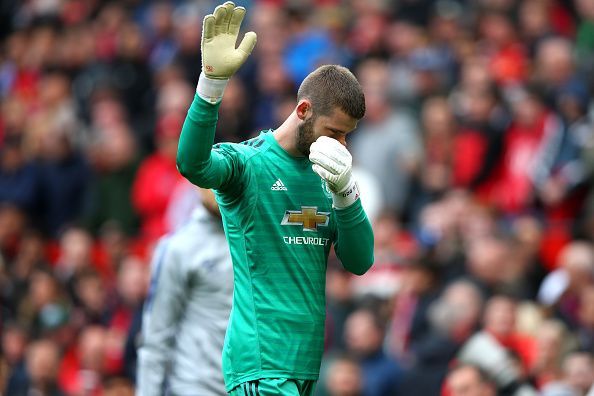 de Gea acknowledges the fans at half-time moments after his blunder gifted Chelsea their equaliser