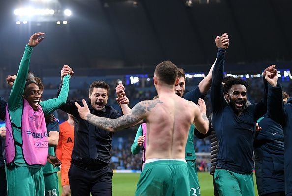 Tottenham boss Pochettino celebrates with his players after their dramatic win via away goal rule