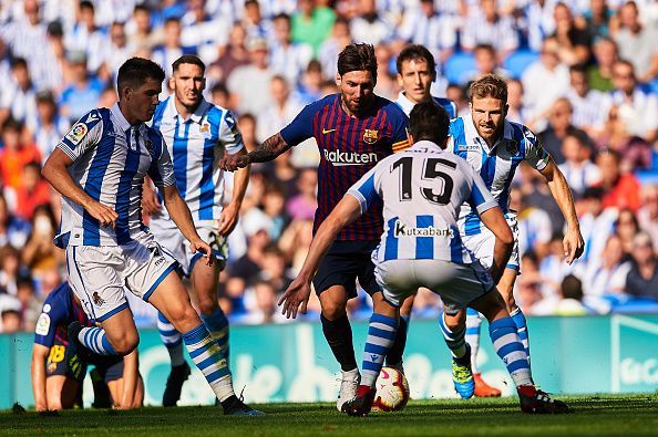 Lionel Messi in action against Real Sociedad during their 2-1 away win earlier this season