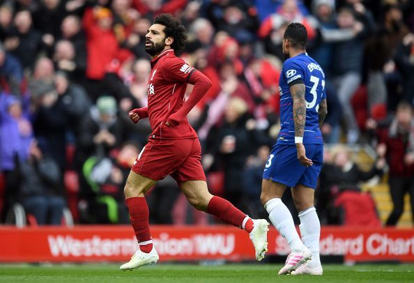 Salah wheels away to celebrate his strike, doubling the hosts' lead against his former employers in style
