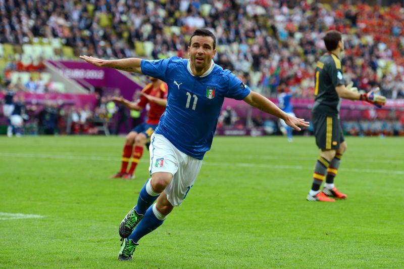 Antonio di Natale celebrates scoring a Euro 2012 goal for Italy against Spain in Gdansk.
