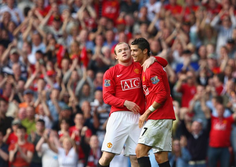 Rooney and Ronaldo celebrate a goal during the 2008-09 season against Bolton Wanderers.
