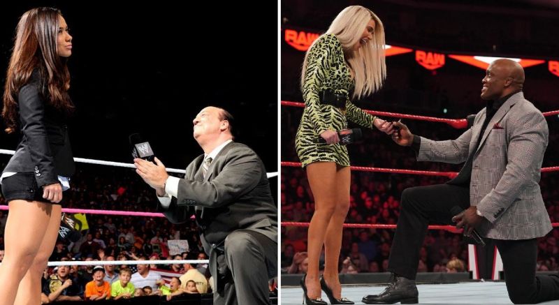 Heyman and Lashley proposing to AJ Lee and Lana, respectively