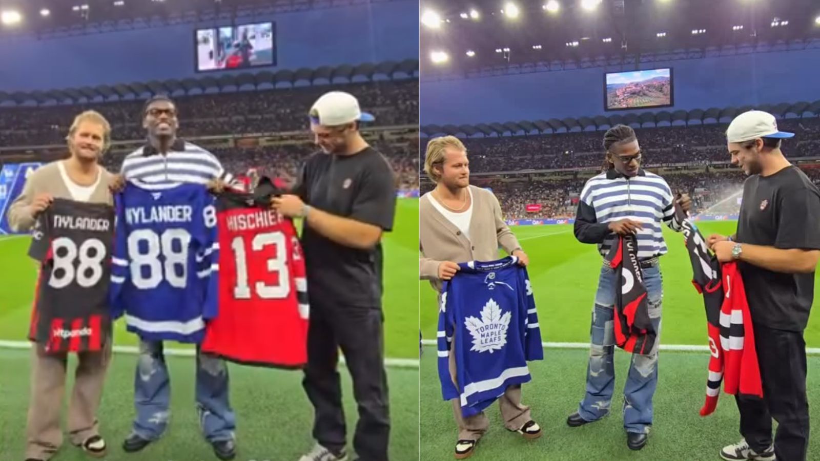William Nylander swaps jerseys with Rafael Leao ahead during AC Milan’s Series A opener