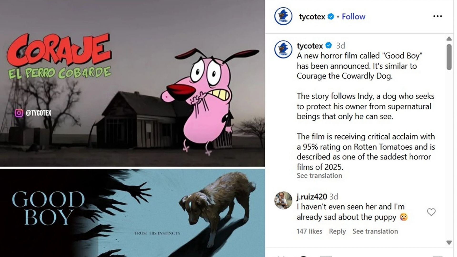 A new horror film called "Good Boy" has been announced. It's similar to Courage the Cowardly Dog.  (Image via Instagram/@tycotex)