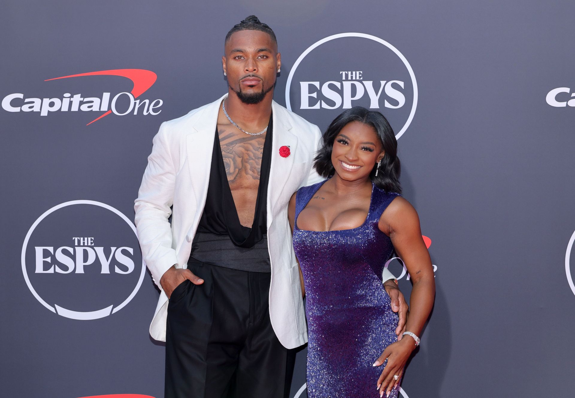 Simone Biles gushes over her husband Jonathan Owens as he rocks all-white suit ahead of clash with Minnesota Vikings