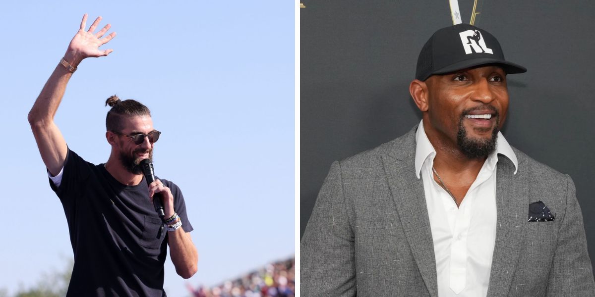 Michael Phelps hypes up Baltimore Ravens as former player Ray Lewis makes visit to their season opener