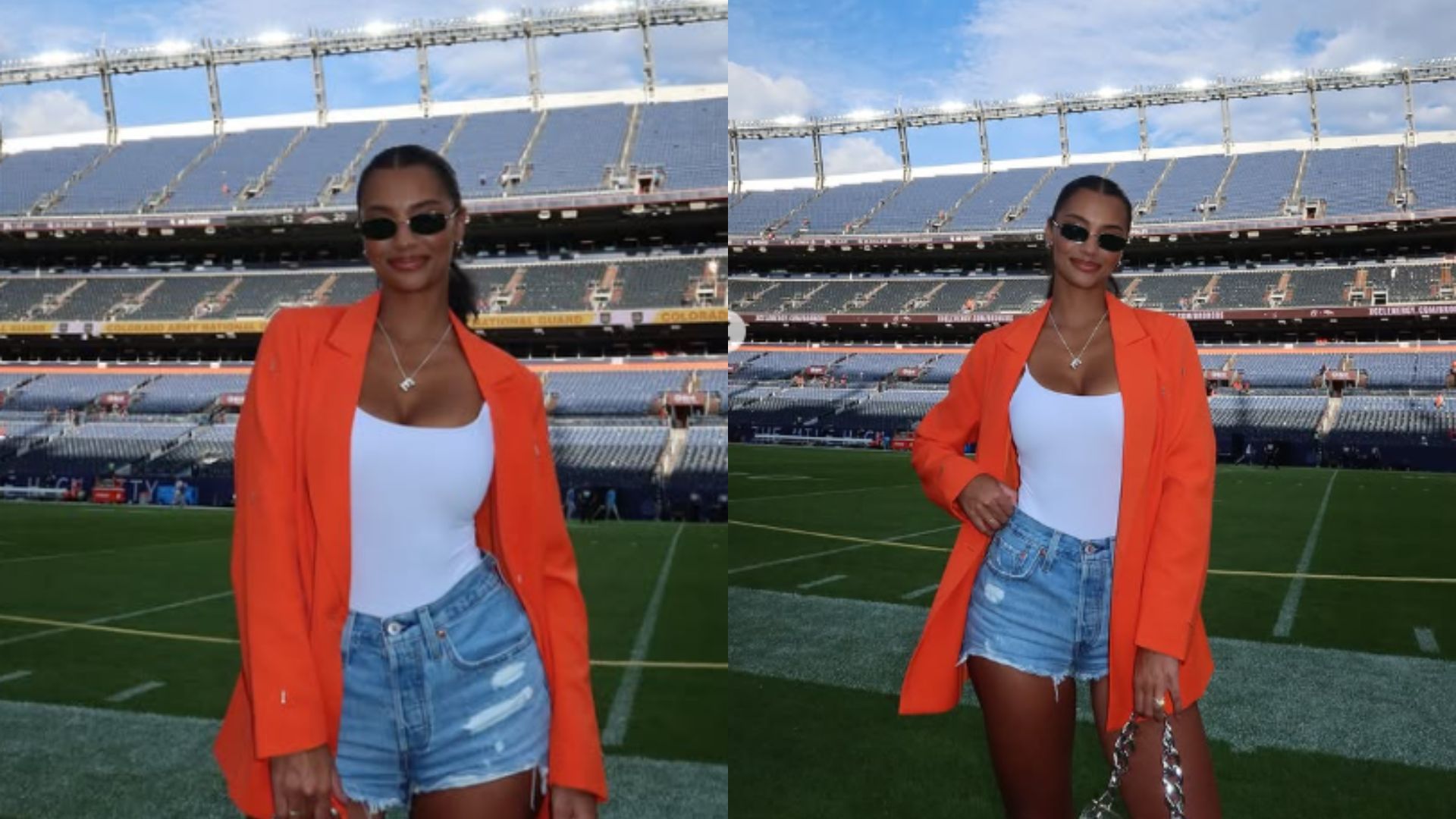 Evan Engram’s wife Emily steals spotlight with bold orange blazer and denim shorts for Broncos vs. Titans Week 1 game