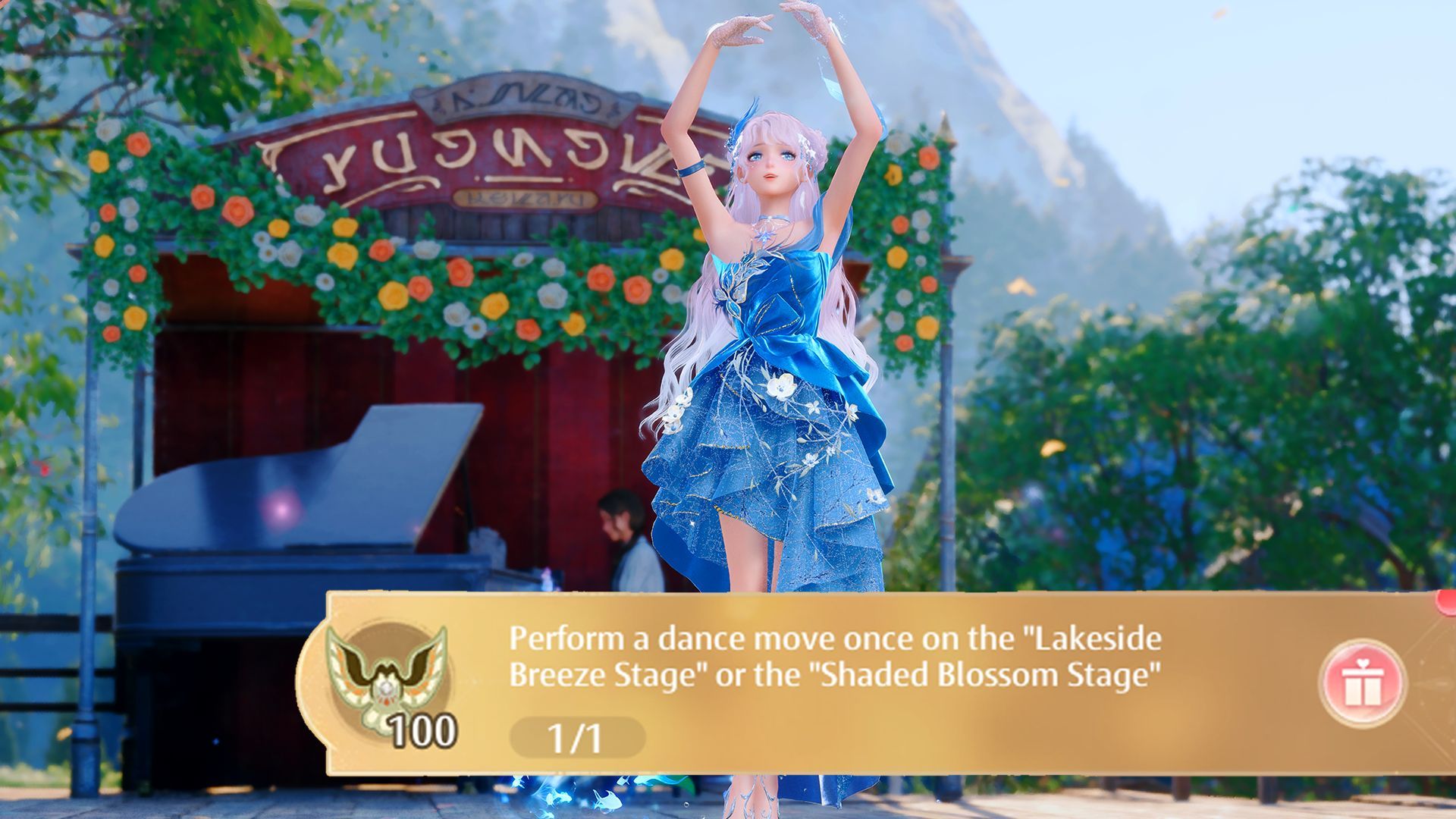 How to perform a dance move once on the Lakeside Breeze Stage or the Shaded Blossom Stage in Infinity Nikki