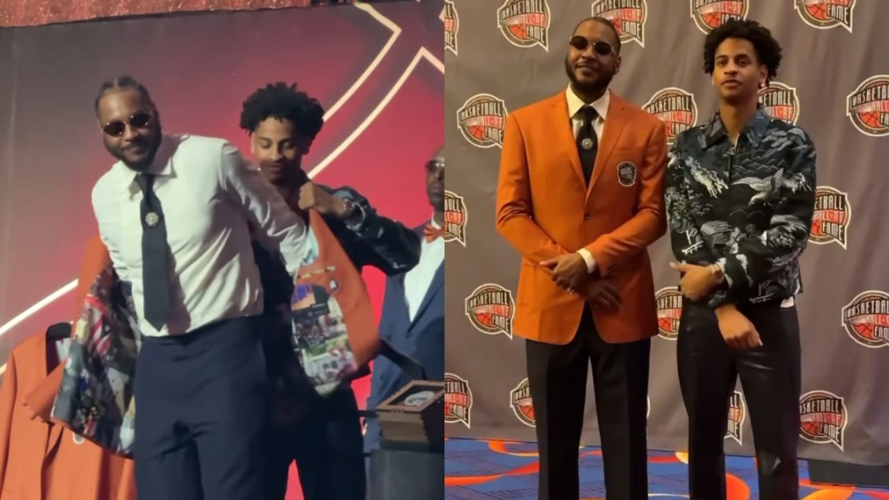 "He finally got a ring" - NBA fans react as Carmelo Anthony has Hall of Fame jacket draped over his shoulders by son Kiyan Anthony