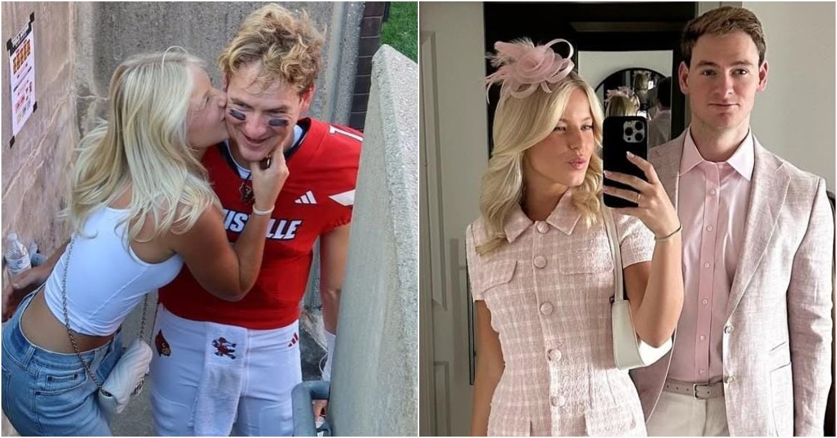 Louisville QB Miller Moss celebrates post-game moment with GF, Sofia, after big win vs. Eastern Kentucky
