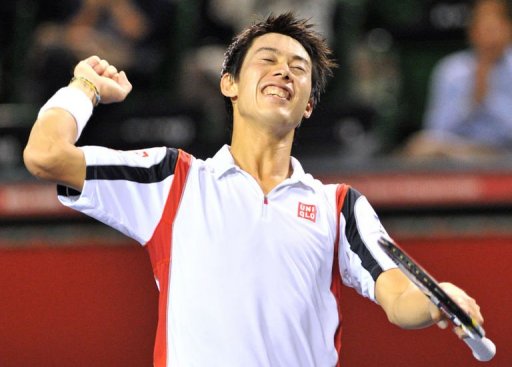 Nishikori celebrates his win over world number six Tomas Berdych in the quarters Nishikori celebrates his win over world number six Tomas Berdych in the quarters