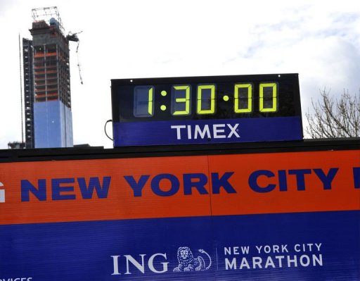 Workers construct the Finish Line as preparations continue for the 43rd New York City Marathon Workers construct the Finish Line as preparations continue for the 43rd New York City Marathon