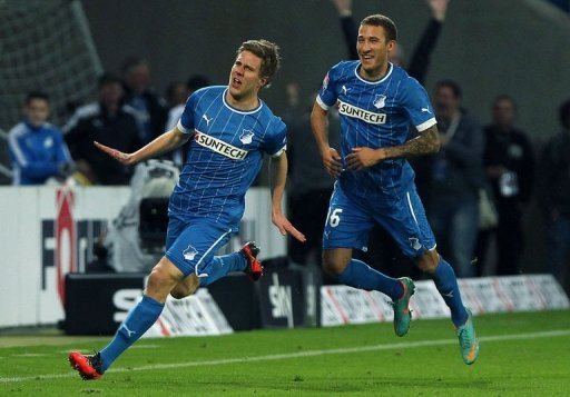 Hoffenheim's Sven Schipplock (L) Fabian Johnson celebrate after Schipplock scored Hoffenheim's Sven Schipplock (L) Fabian Johnson celebrate after Schipplock scored