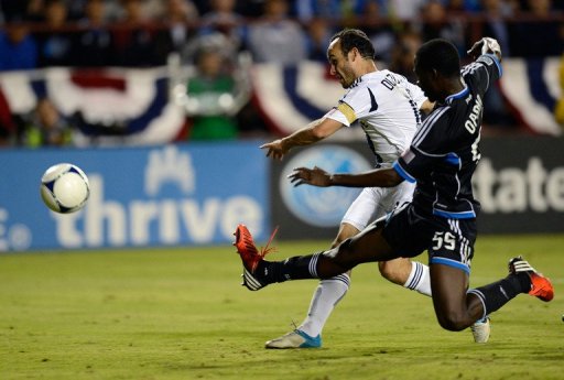 The Galaxy added another in the 34th minute when Tommy Meyer's long ball found Landon Donovan (L) on the right flank The Galaxy added another in the 34th minute when Tommy Meyer's long ball found Landon Donovan (L) on the right flank