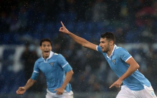 Lazio's Luis Pedro Cavanda (R) celebrates after scoring Lazio's Luis Pedro Cavanda (R) celebrates after scoring