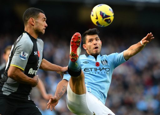 An equaliser from Sergio Aguero, pictured, cancelled out a first-half headed goal from Tottenham defender Steven Caulker An equaliser from Sergio Aguero, pictured, cancelled out a first-half headed goal from Tottenham defender Steven Caulker