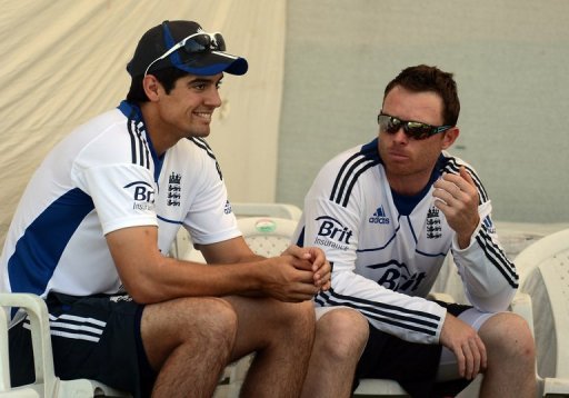 England skipper Alastair Cook (L) speaks with teammate Ian Bell during a training session in Ahmedabad England skipper Alastair Cook (L) speaks with teammate Ian Bell during a training session in Ahmedabad