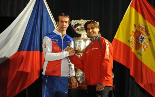 Radek Stepanek (left) shakes hand with David Ferrer after the Davis Cup final draw ceremony in Prague Radek Stepanek (left) shakes hand with David Ferrer after the Davis Cup final draw ceremony in Prague