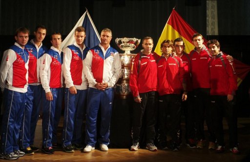 (From left) Members of Czech Republic and Spanish Davis Cup team pose for media in Prague (From left) Members of Czech Republic and Spanish Davis Cup team pose for media in Prague