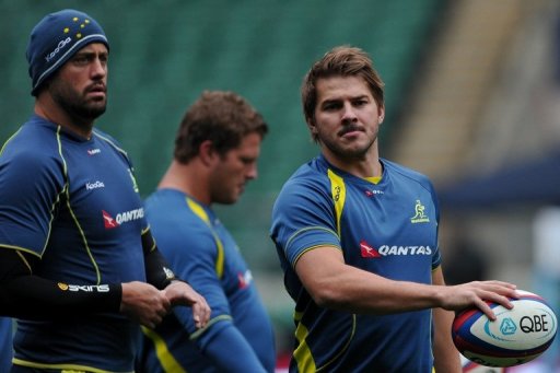 Australian Wallabies' captain, Nathan Sharpe (L) and wing, Drew Mitchell (R), pictured during a training session Australian Wallabies' captain, Nathan Sharpe (L) and wing, Drew Mitchell (R), pictured during a training session