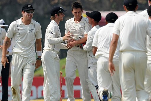 Trent Boult put more pressure on Sri Lanka when he had Kumar Sangakkara (five) caught by Brendon McCullum at third slip Trent Boult put more pressure on Sri Lanka when he had Kumar Sangakkara (five) caught by Brendon McCullum at third slip