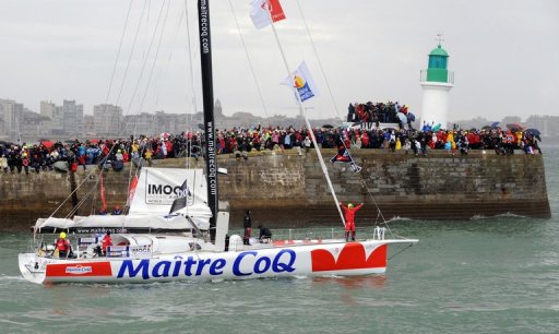 French skipper Jeremie Beyou takes the start on his monohull French skipper Jeremie Beyou takes the start on his monohull