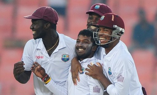 West Indies players celebrate the dismissal of Bangladeshi batsman Shakib Al Hasan (unseen) West Indies players celebrate the dismissal of Bangladeshi batsman Shakib Al Hasan (unseen)