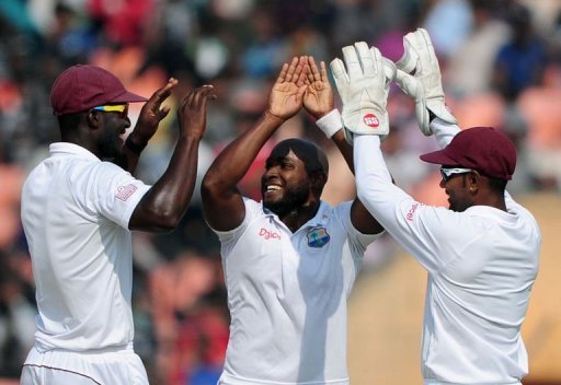 West Indies bowler Tino Best (centre) celebrates the dismissal of Bangladesh's Shahriar Nafees (unseen) West Indies bowler Tino Best (centre) celebrates the dismissal of Bangladesh's Shahriar Nafees (unseen)