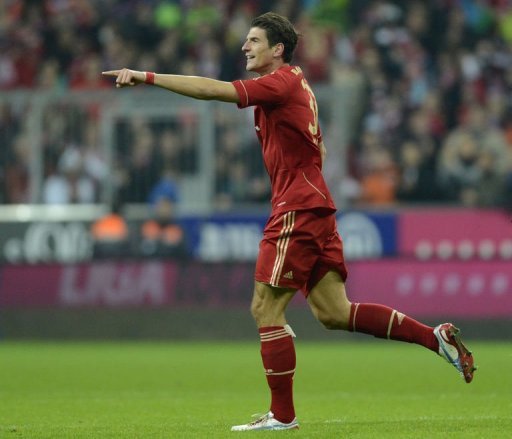 Bayern Munich's striker Mario Gomez celebrates the fifth goal against Hanover 96 Bayern Munich's striker Mario Gomez celebrates the fifth goal against Hanover 96