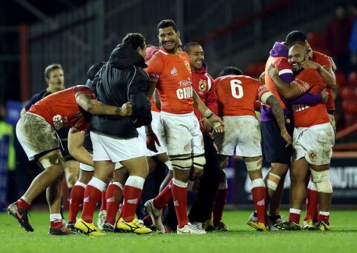 Tongan players celebrate victory during the International rugby union test match between Scotland and Tonga Tongan players celebrate victory during the International rugby union test match between Scotland and Tonga