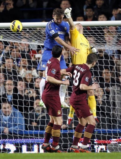 Chelsea's Branislav Ivanovic (top L) tries to score past Manchester City's goalkeeper Joe Hart (top R) Chelsea's Branislav Ivanovic (top L) tries to score past Manchester City's goalkeeper Joe Hart (top R)