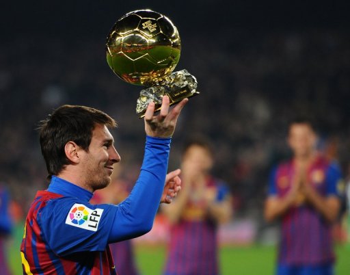 Barcelona's Lionel Messi shows his Ballon d'Or Trophy in January Barcelona's Lionel Messi shows his Ballon d'Or Trophy in January