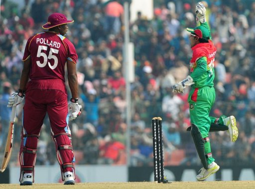 Left-arm spinner Abdur Razzak dismissed big-hitters Kieron Pollard (15) and Andre Russell (nought) Left-arm spinner Abdur Razzak dismissed big-hitters Kieron Pollard (15) and Andre Russell (nought)