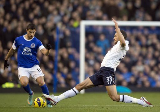 Tottenham Hotspur's Steven Caulker (R) strectches to get to the ball ahead of Everton's Kevin Mirallas Tottenham Hotspur's Steven Caulker (R) strectches to get to the ball ahead of Everton's Kevin Mirallas