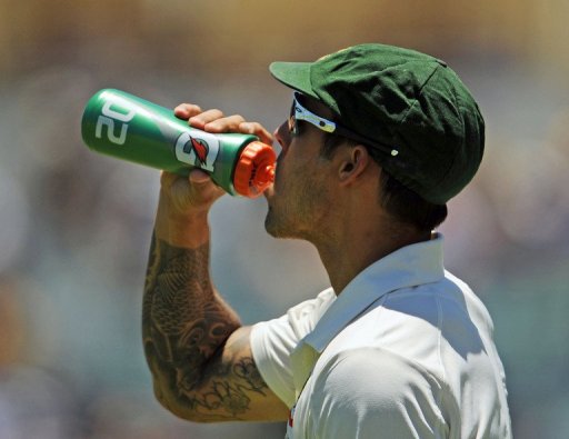 Mitchell Johnson takes a drink in the third Test against South Africa at the WACA ground in Perth on December 2, 2012 Mitchell Johnson takes a drink in the third Test against South Africa at the WACA ground in Perth on December 2, 2012