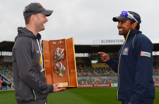 Michael Clarke (left) and Mahela Jaywardena with the Warne/Murali Trophy in Hobart on December 13, 2012. Michael Clarke (left) and Mahela Jaywardena with the Warne/Murali Trophy in Hobart on December 13, 2012.
