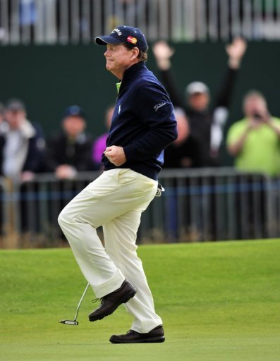 Tom Watson celebrates after making a birdie in the British Open at Royal Lytham and St Annes on July 20, 2012 Tom Watson celebrates after making a birdie in the British Open at Royal Lytham and St Annes on July 20, 2012