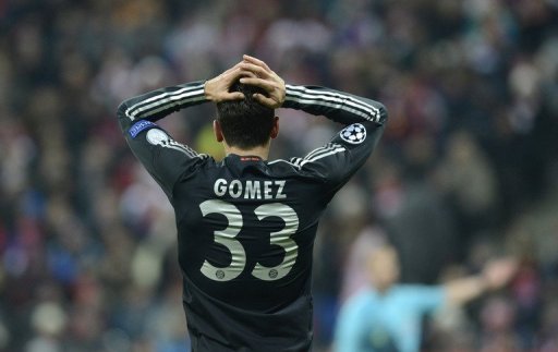 Bayern striker Mario Gomez misses a chance in the UEFA Champions League match against Bate Borisov on December 5, 2012 Bayern striker Mario Gomez misses a chance in the UEFA Champions League match against Bate Borisov on December 5, 2012